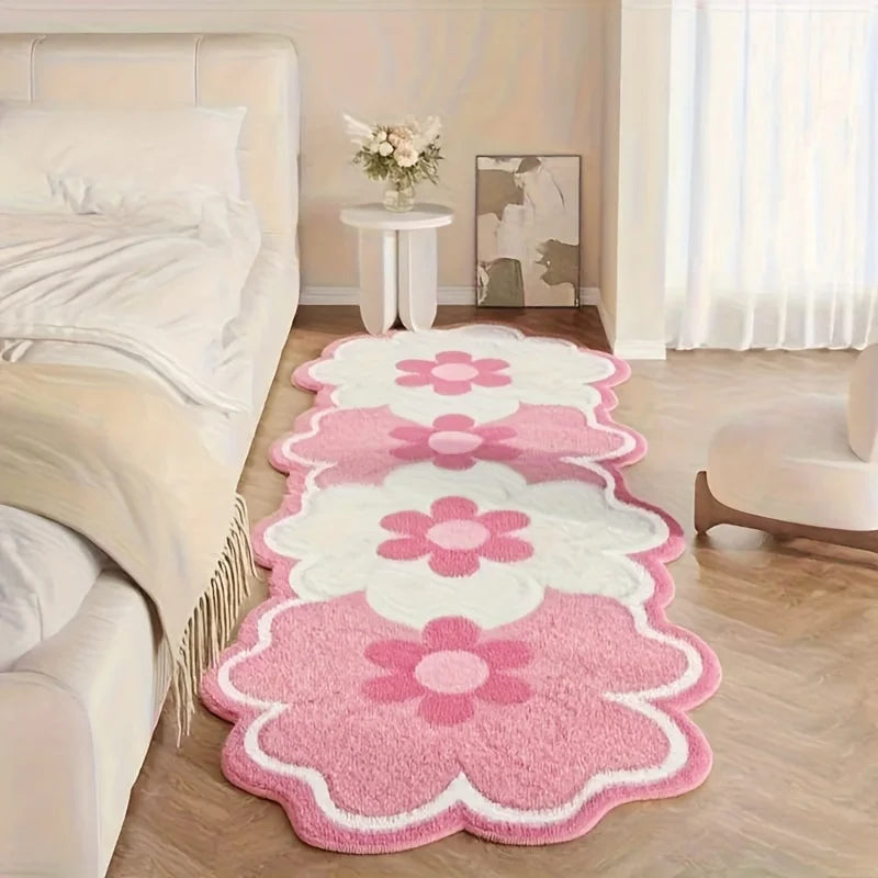 Pink Flower-Shaped Bedside Rug - Soft Non-Slip Floor Mat for Girls Room