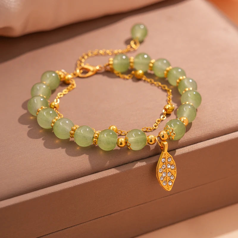 Green Jade Bracelet for Women - Exquisite Gold Leaves Wrist Strap Bangle