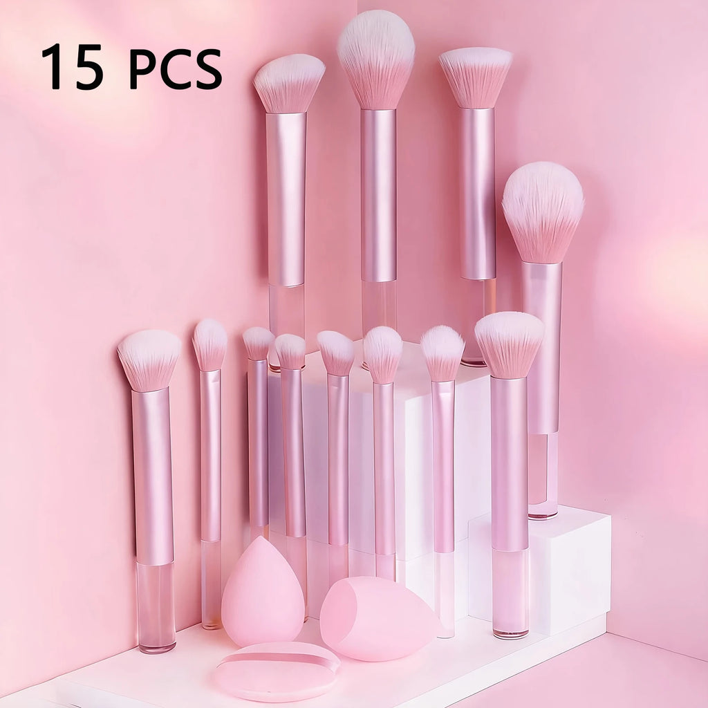15-Piece Makeup Brush and Puff Set with Soft Sponges - Portable Cosmetic Tools