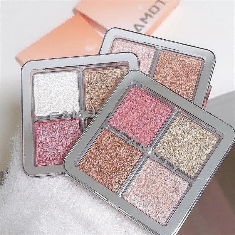 4-Color Face Highlighter Palette with Glitter & Shimmer - Long-Lasting Makeup