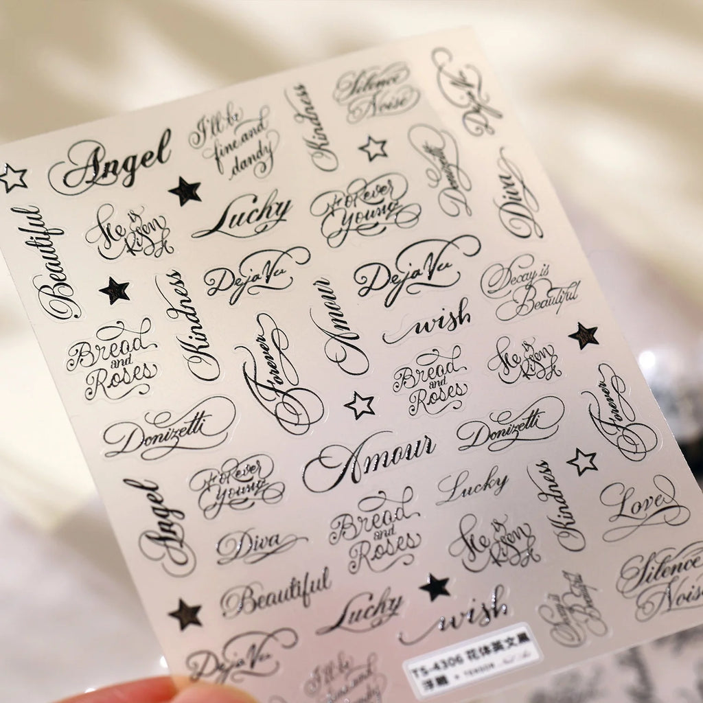 Retro Cursive Letter Nail Decals Set - 5D Vintage Nail Art Stickers for Manicure
