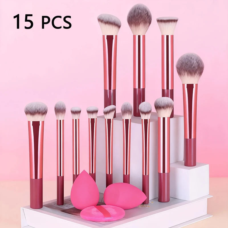 15-Piece Makeup Brush and Puff Set with Soft Sponges - Portable Cosmetic Tools