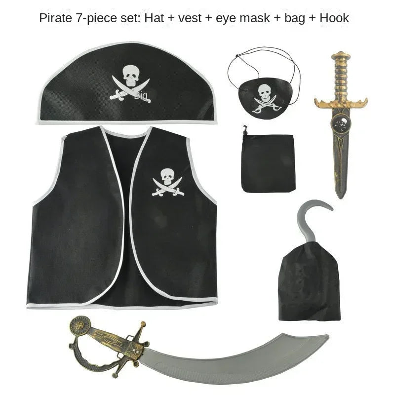 Kids Pirate Costume Set with Vest Hat Hook and Bag for Boys Halloween Party