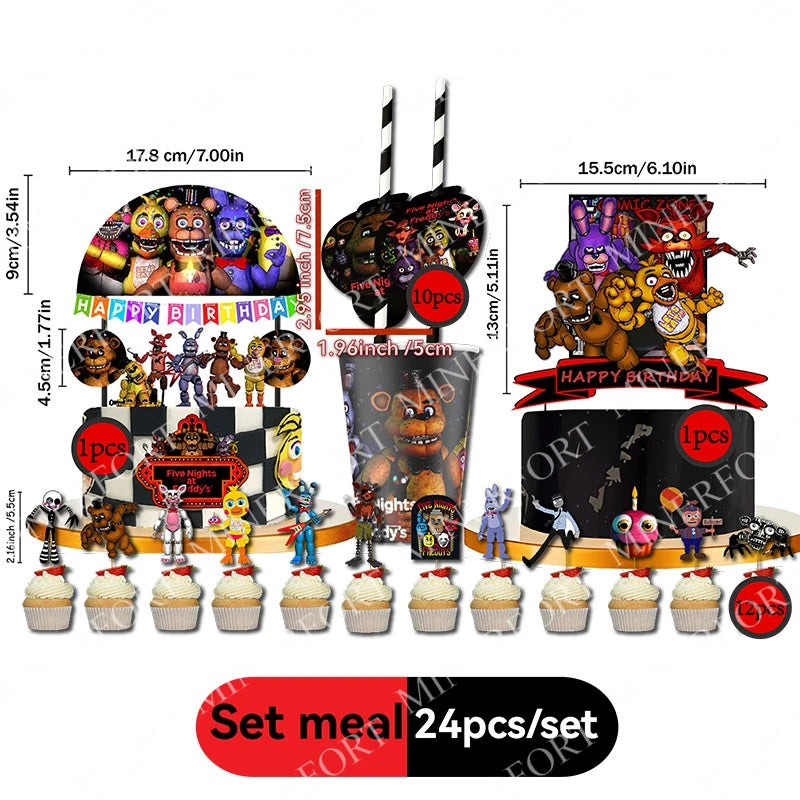 FNAF Themed Cake Flag & Cupcake & Straw Set for Birthday & Halloween Parties