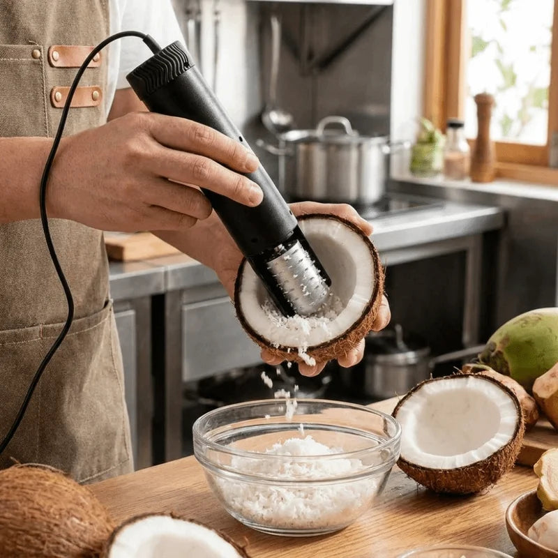 Electric Coconut Meat Grater - Handheld Food Shredder for Kitchen, Safe Rotating Fruit Tool