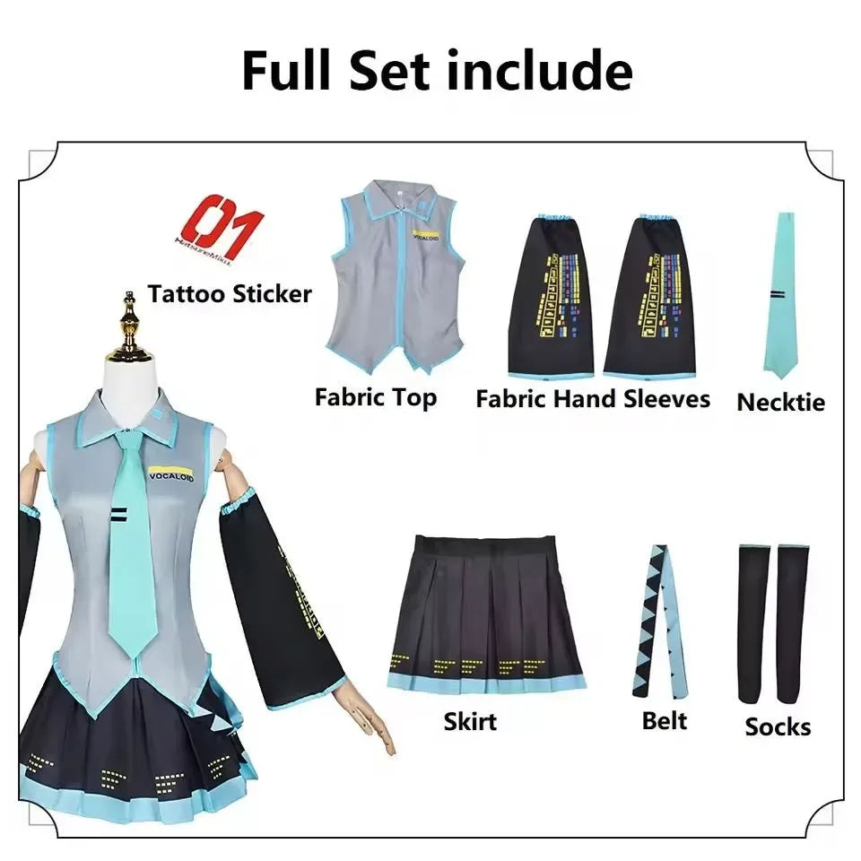 Anime Character Cosplay Costume Hatsune Miku Outfit with Wig and Accessories for Halloween