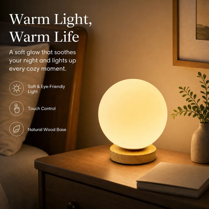 Modern Solid Wood Spherical Table Lamp for Bedroom & Living Room