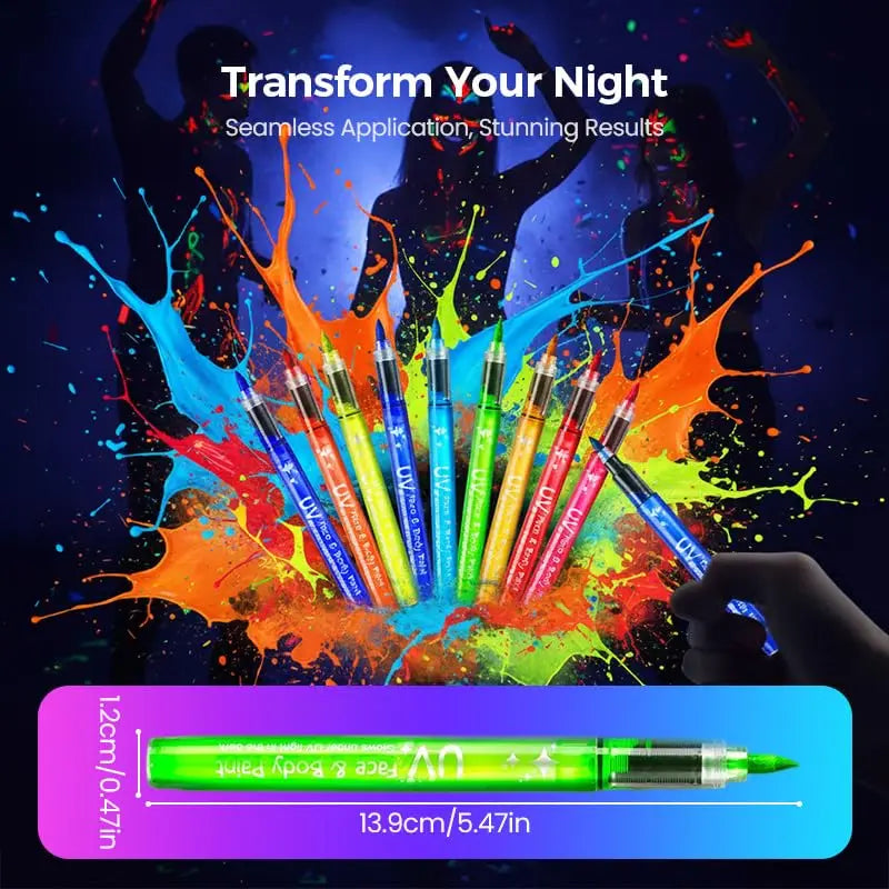 Glow in The Dark Face Paint Markers UV Neon Body Art Pens Waterproof Skin-Safe