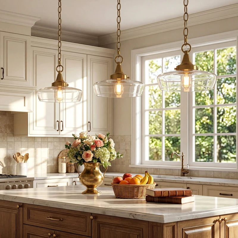 Gold Pendant Light with Clear Glass Shade for Kitchen & Dining Room