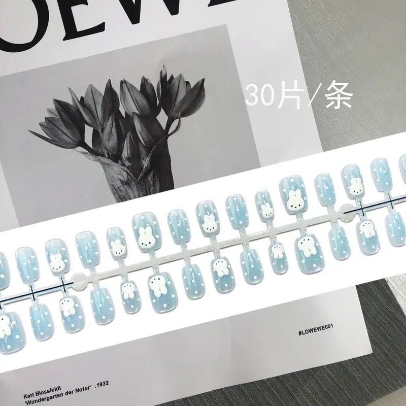 30Pcs Short Square False Nails with Light Blue Cat Eye and Glitter Decor - Wearable Nail Tips for Women