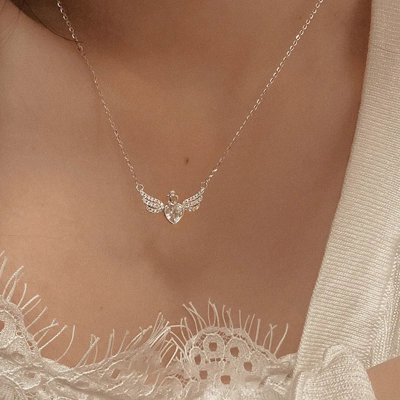 Zircon Necklace with Crown Heart Angel Wings Pendant Stainless Steel Jewelry