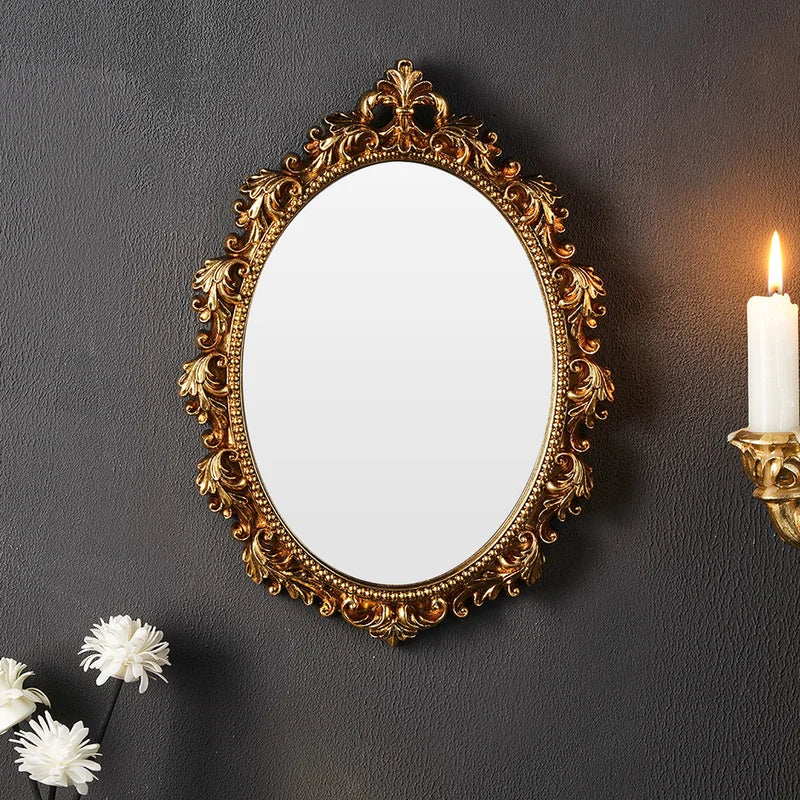 Golden Oval Resin Wall Mirror - Room Decor Hanging Mirror for Bedroom