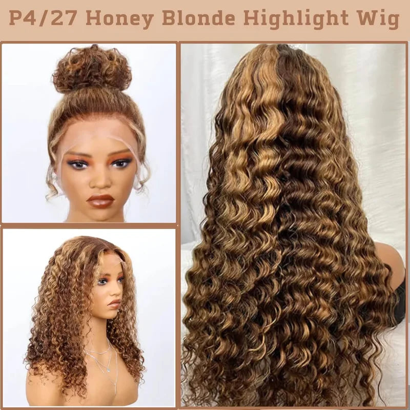 Deep Wave Human Hair Wig 360 Full Lace Front with Hidden Strap Blonde Highlights