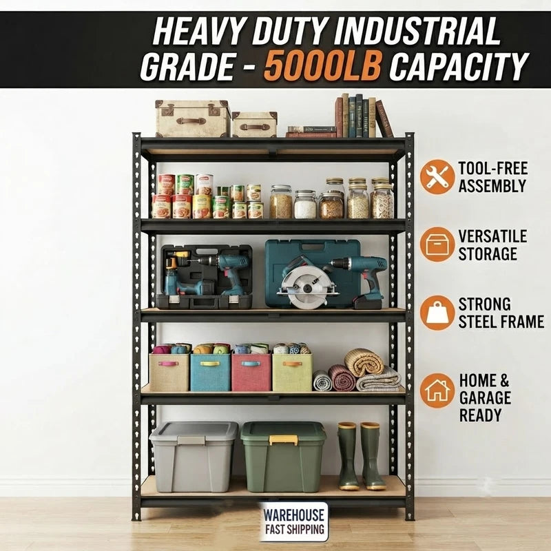 Heavy Duty Metal Garage Shelving Unit with MDF Boards - 60 Inches Tall, Adjustable Utility Storage Rack, 2200 LBS Capacity, 1 or 2 Pack