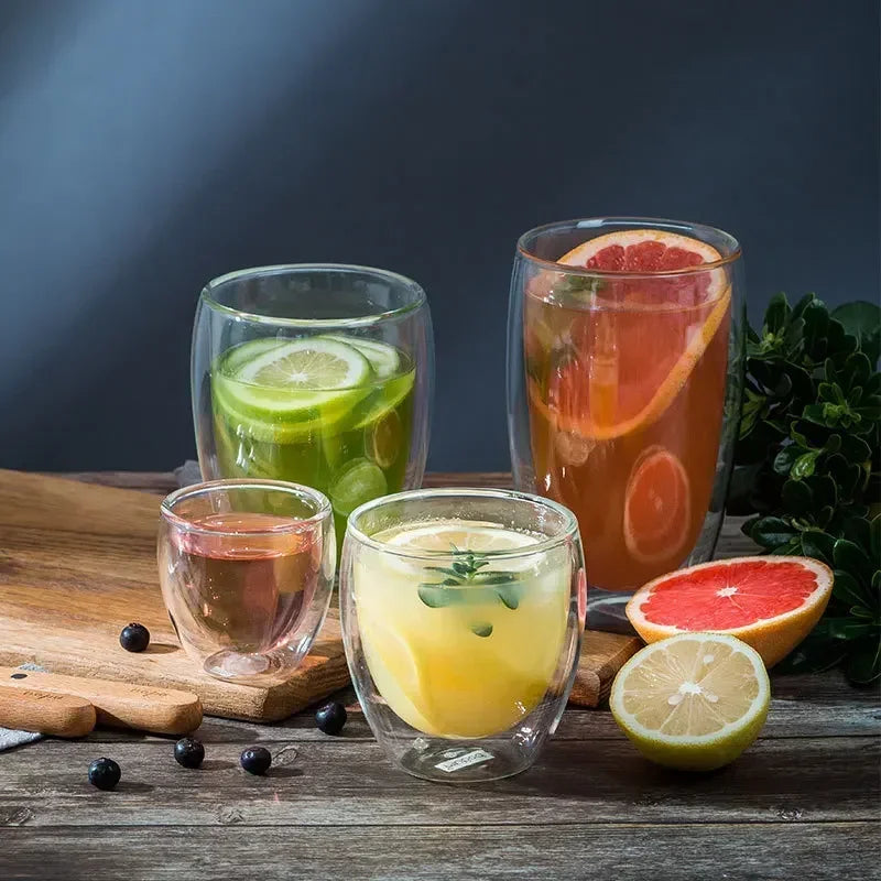 Double Wall High Borosilicate Glass Mug Set - Heat Resistant Tea Coffee Water Cups