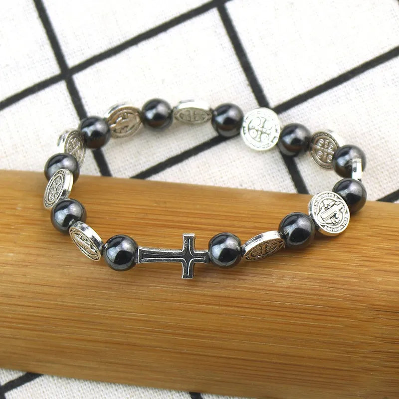 Catholic Rosary Bracelet with St. Benedict Medal Cross Prayer Jewelry Hematite Beads