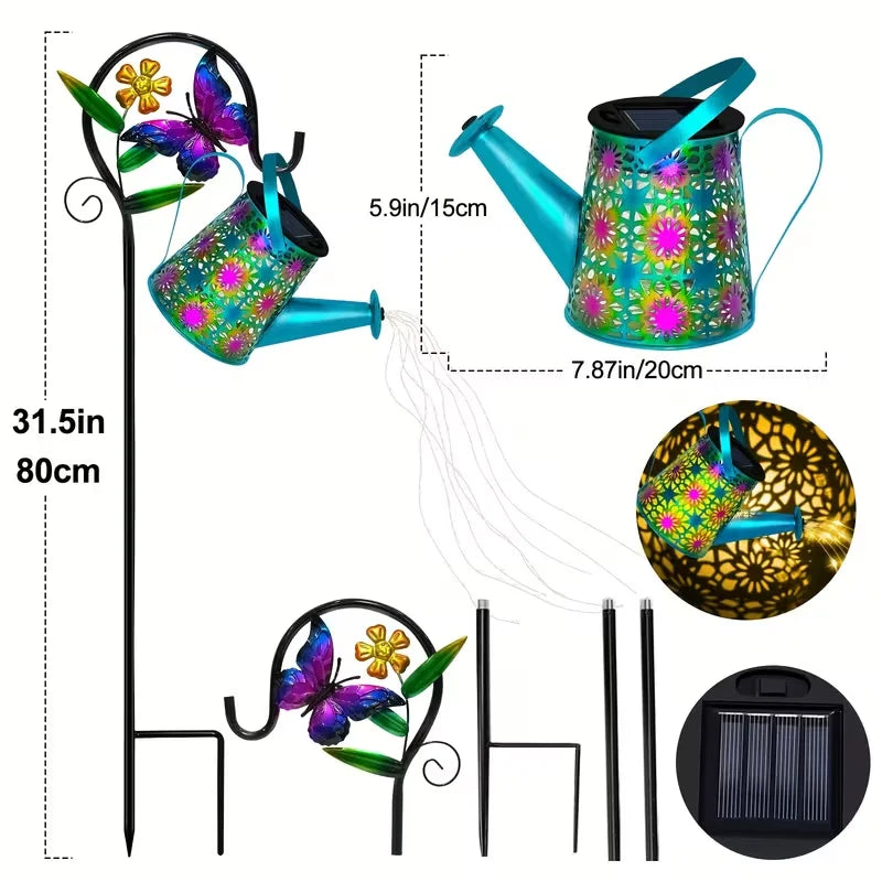Solar-Powered Butterfly Watering Can Garden Decor with Lantern - Outdoor Lawn Accent