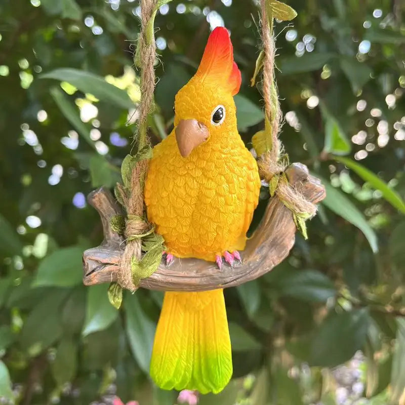 Cute Parrot Wood Swing Animal Statue for Garden and Patio Decor