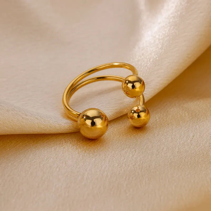 Stainless Steel Double-Layer Bead Ring for Women Geometric Ball Open Jewelry