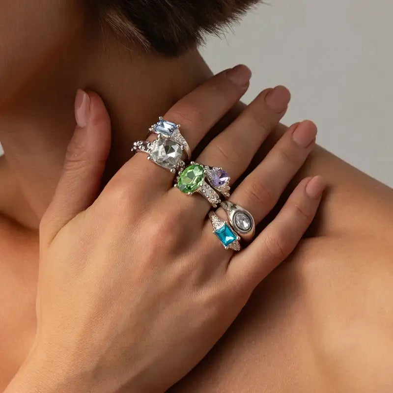 6-Piece Acrylic Rhinestone Adjustable Open Stackable Finger Rings for Women