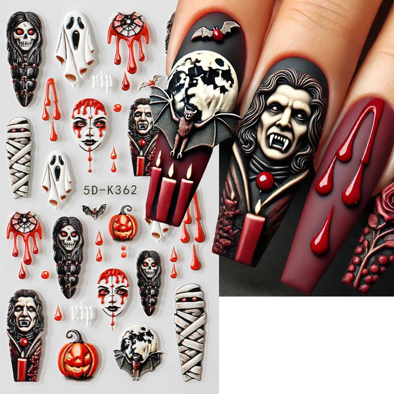 Halloween Ghost Mummy Blood Nail Stickers - 2 Pack Spooky Nail Art Decals for Manicure