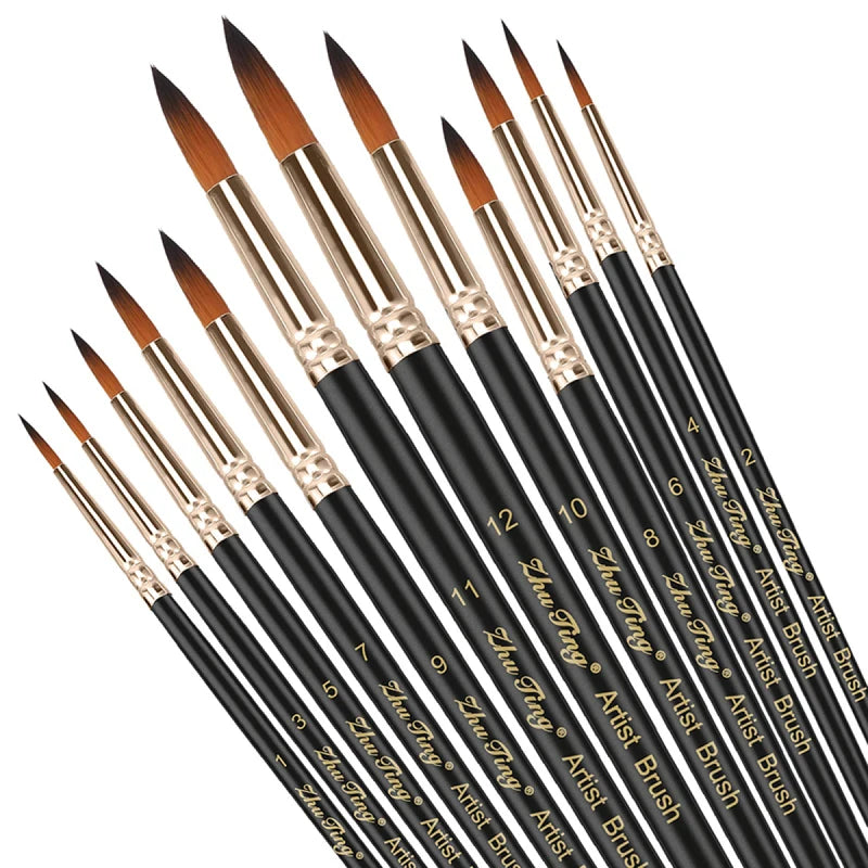 12-Piece Professional Paint Brush Set - Nylon Hair Acrylic Watercolor Oil