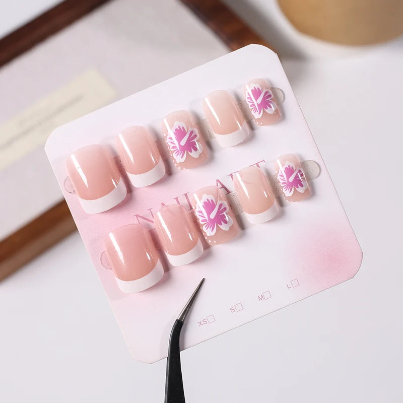 24Pcs Short Square Fake Nail Set with Floral French Design - Full Cover Press On Nails
