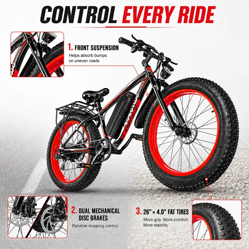 Electric Mountain Bike 1500W 34 MPH 60-Mile Range Fat Tire Off-Road E-Bike