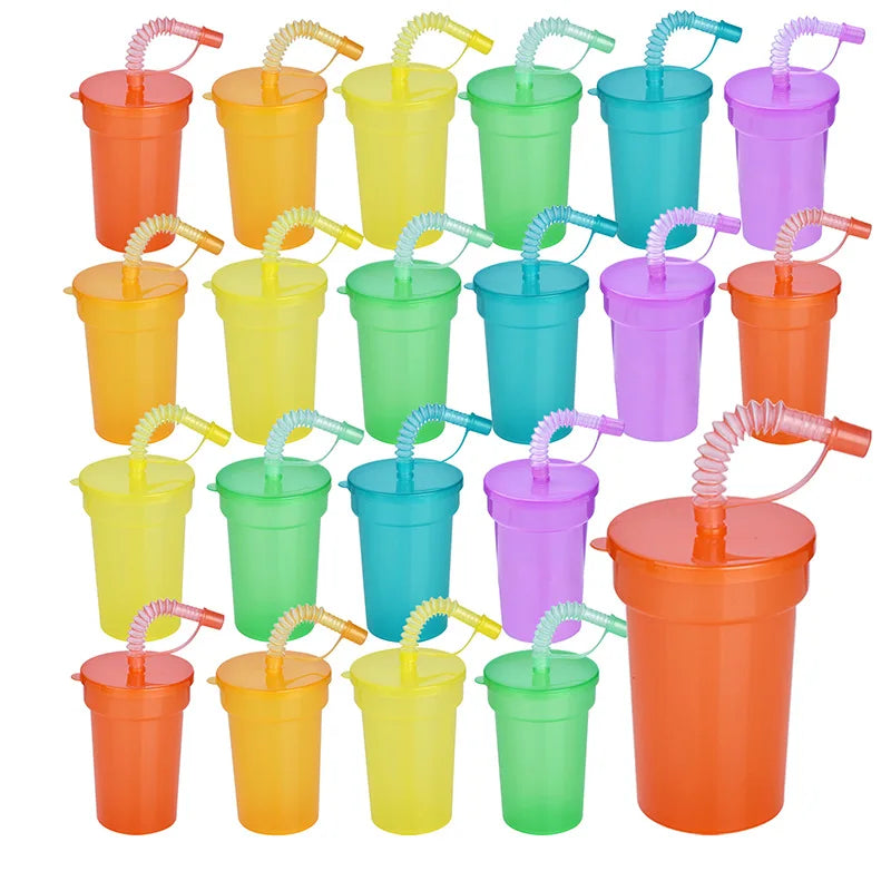 Reusable Spill-Proof Neon Sipper Cups with Lids & Straws for Kids - Multiple Colors