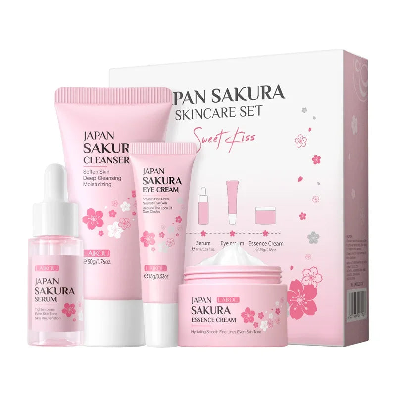 Sakura Skin Care Set with Cleanser, Serum, Eye Cream, Face & Essence Cream - Gift for Women
