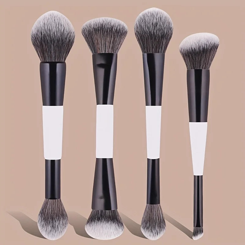 4Pcs Dual-Ended Makeup Brush Set - Soft Fluffy Brushes for Blush & Highlighter