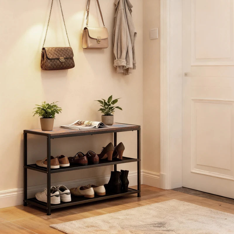 3-Tier Shoe Bench with Storage Mesh Shelves Entryway Organizer Sturdy Bench