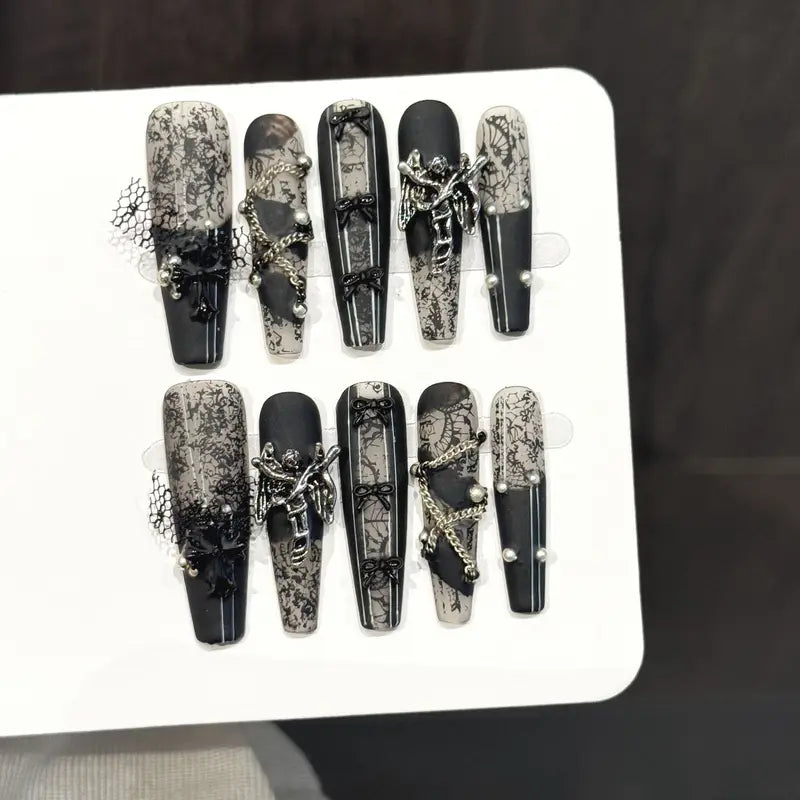 10PCS Handmade Stiletto False Nails Set Cross Y2K Dark Wind Party & Daily Wear