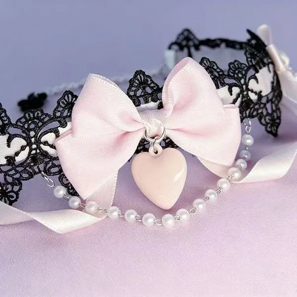 Sweet Lolita Pearl Lace Necklace with Bowknot Charm for Women and Girls - Romantic Cute Jewelry