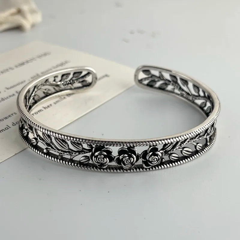 925 Sterling Silver Bracelet for Women Vintage Flower Chain Jewelry Gift