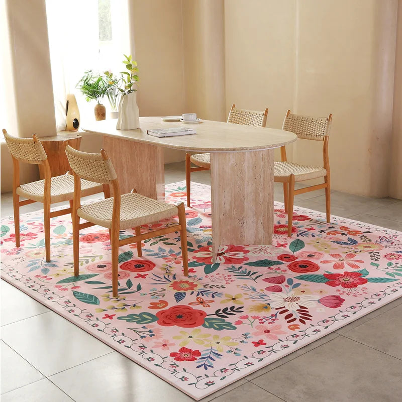 8x10 Indoor Washable Boho Floral Rug with Non-Slip Backing – Low Pile Carpet for Living Room & Bedroom