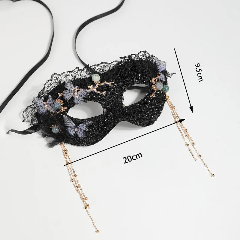 Black Lace Sequin Butterfly Mask with Pearl Tassels - Half-Face Eye Mask for Prom Party Halloween