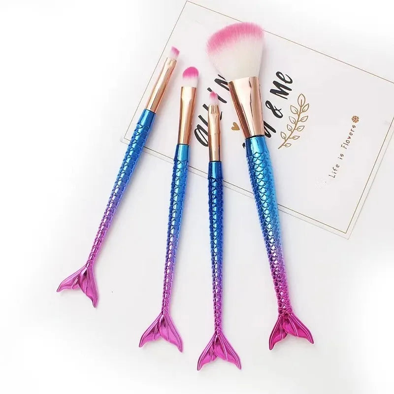 Four-Piece Mermaid Makeup Brush Set - Soft Synthetic Hair, Colorful Handles