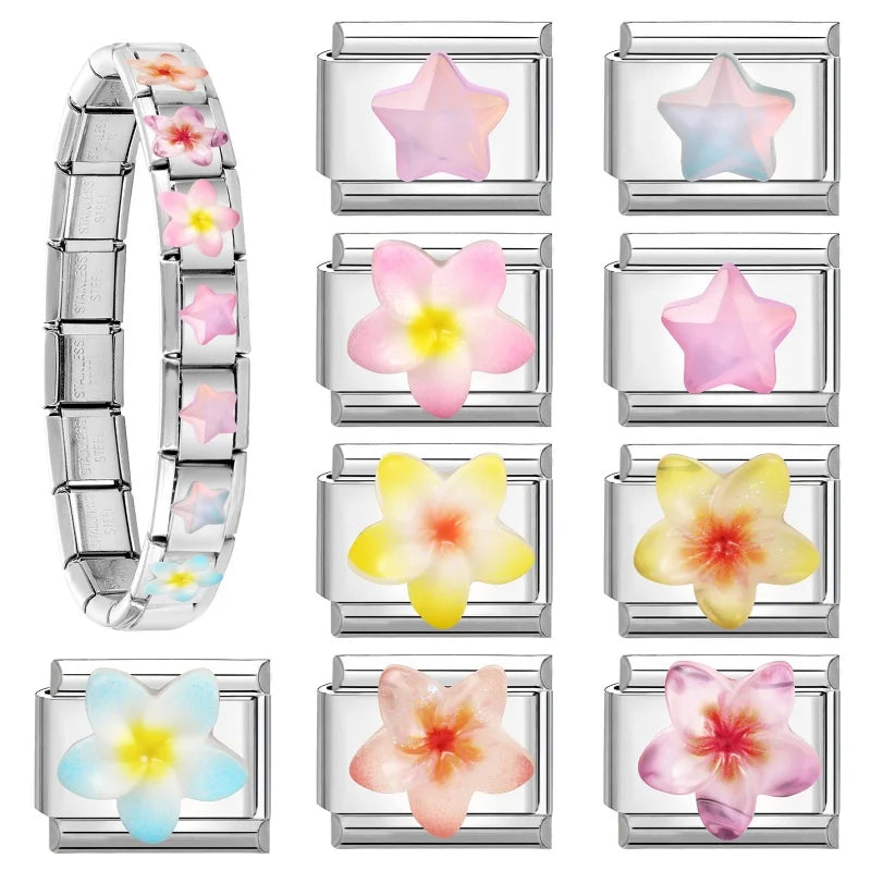 3D Star Flower Charm Bracelet Links for DIY Jewelry Making - Stainless Steel Women