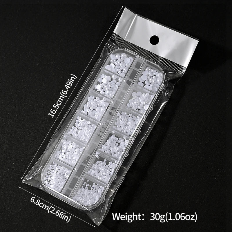 12-Grid 3D White Pearl Nail Charms Beads for Manicure & Nail Art Decoration