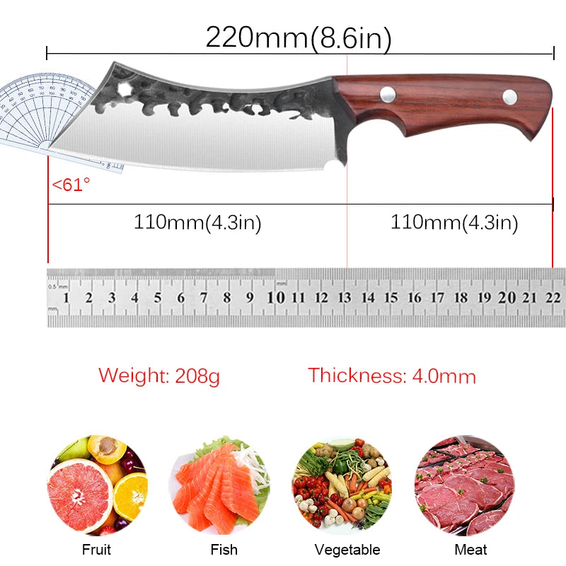 Stainless Steel Kitchen Chef Knife with Wooden Handle - 22cm Sharp Meat & Vegetable Cutter
