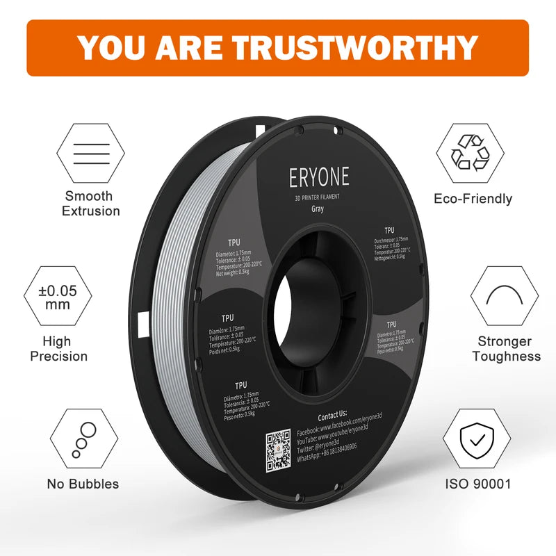Flexible TPU Filament 1.75mm for 3D Printing - 0.5kg Spool, Multiple Colors