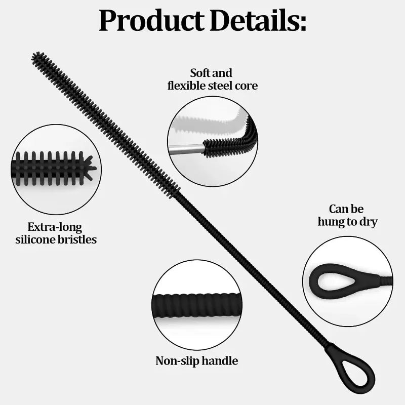 Long Silicone Straw Cleaner Brush for Reusable Cups & Straws - Deep Cleaning Tool