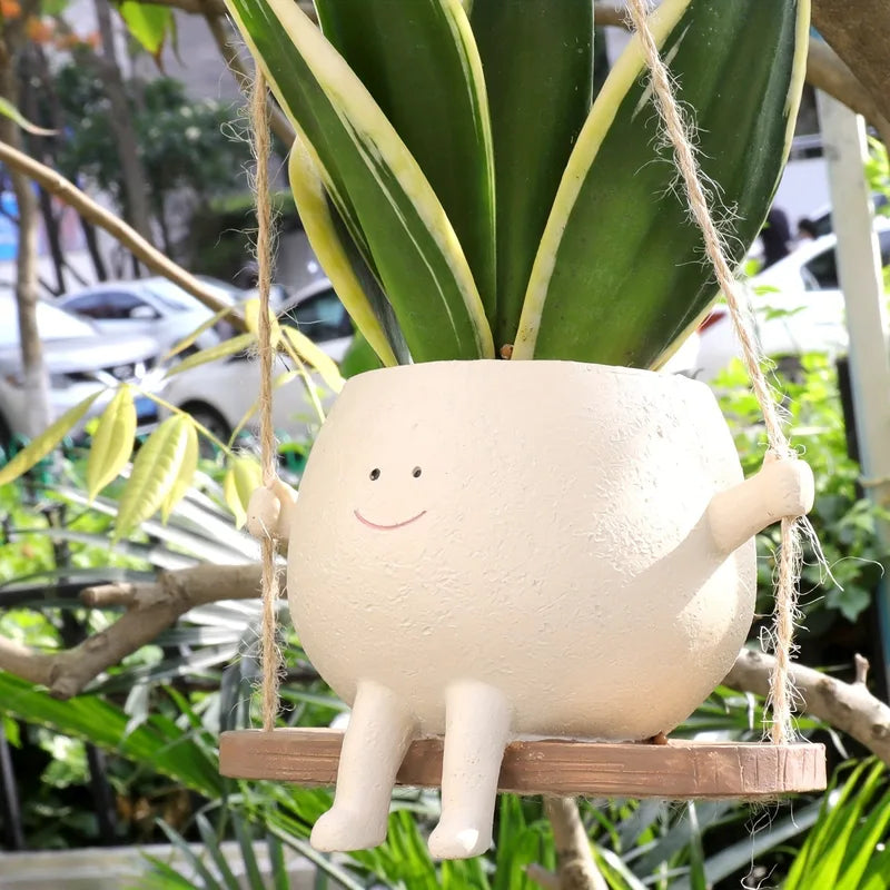Resin Hanging Planter Pot with Smiling Face Design and Swing Base - Indoor Outdoor Garden Decor