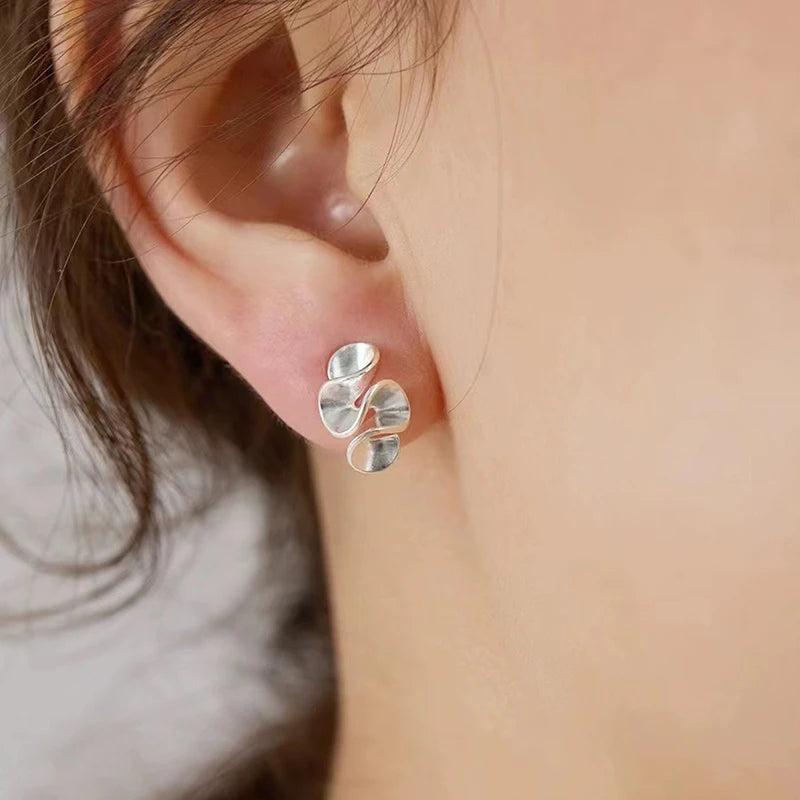 Geometric Pleated Flower Stud Earrings for Women Minimalist Gold Silver Jewelry