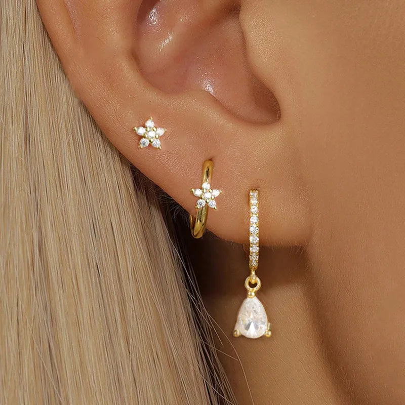 3PCS Stainless Steel Hoop Earrings Set for Women with Crystal Zircon Flowers Water Drop Design - Wedding Jewelry