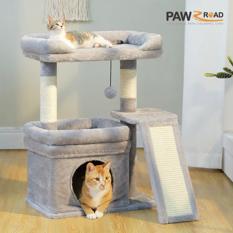 Small Cat Tree Tower with Sisal Scratching Posts and Large Perch - Indoor Cat Furniture