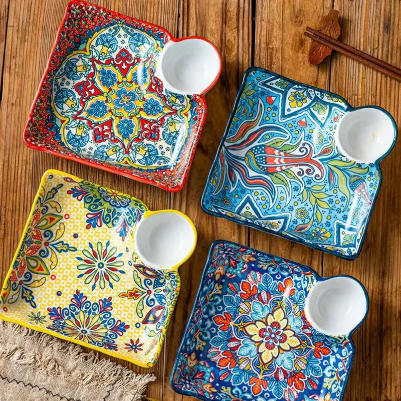 Bohemian Ceramic Dumpling Plate with Vinegar Dish - Segmented Breakfast Serving Plate