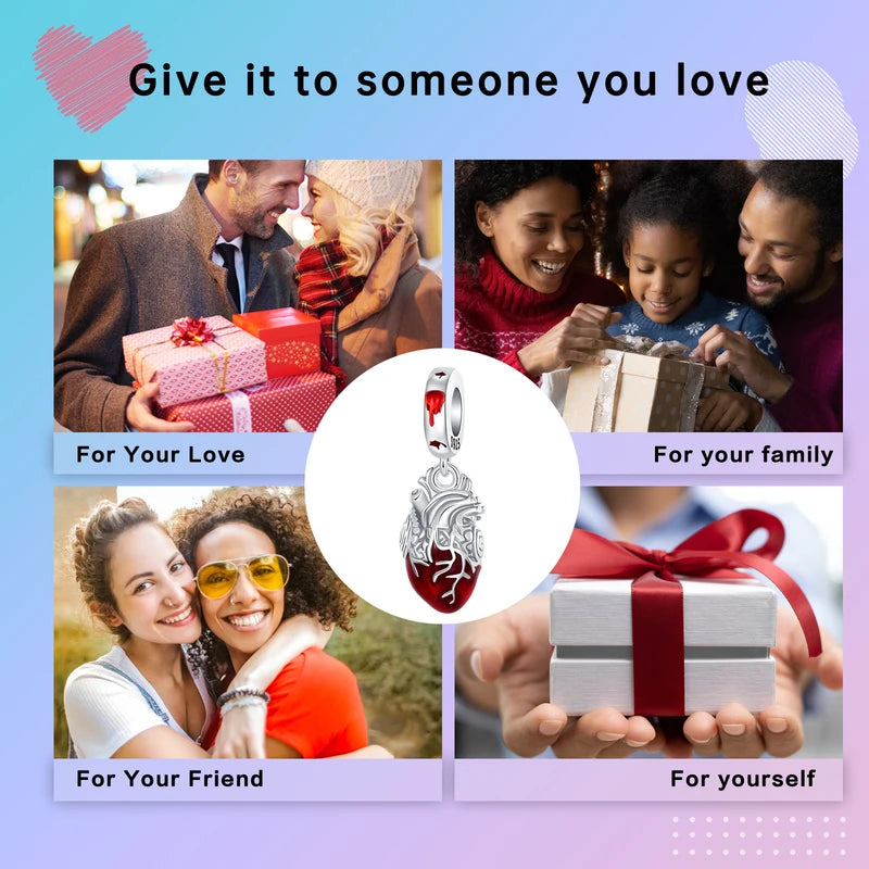 Charms Bead 925 Sterling Silver Red Heart Dangle Pendant for Jewelry DIY Fit Bangle Necklace