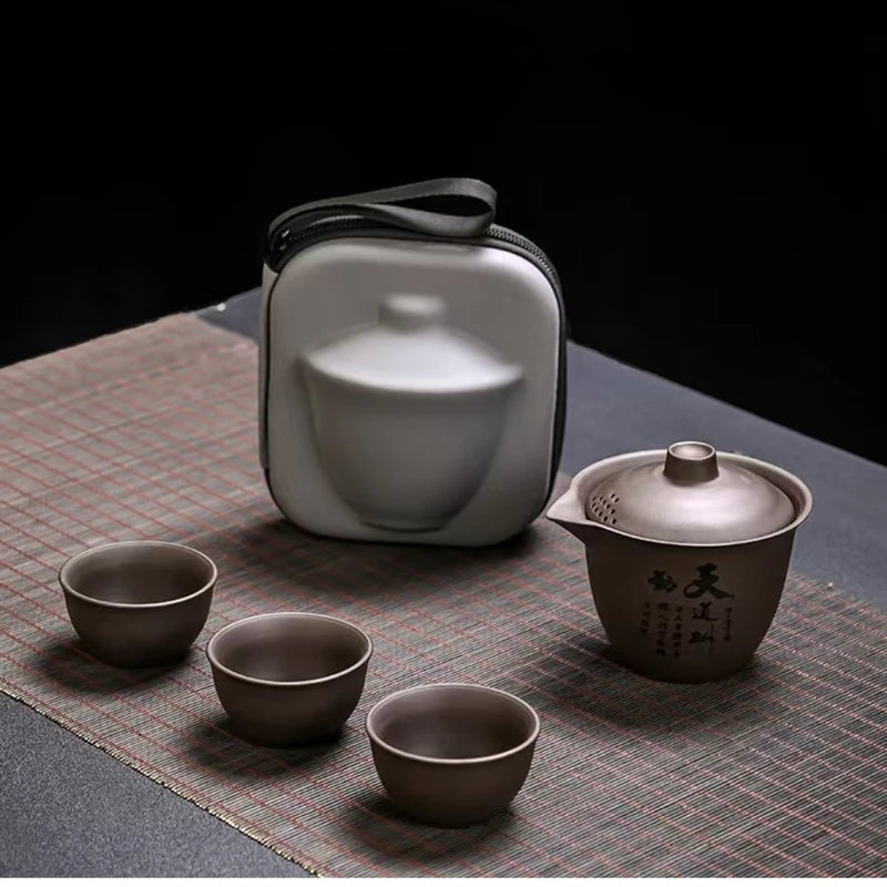 Portable Ceramic Tea Set with 3 Cups and Storage Bag - Camping & Travel